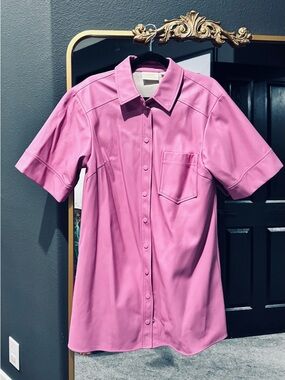 Anthropologie Bright Pink Button-Front Short-Sleeve Dress